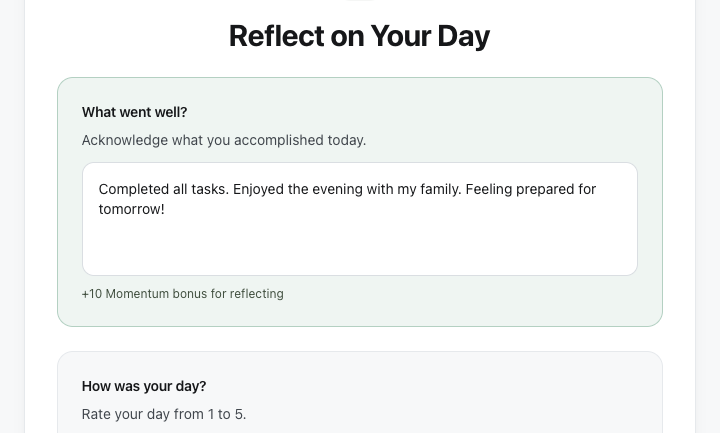 End of Day reflection screen showing completed tasks and streak